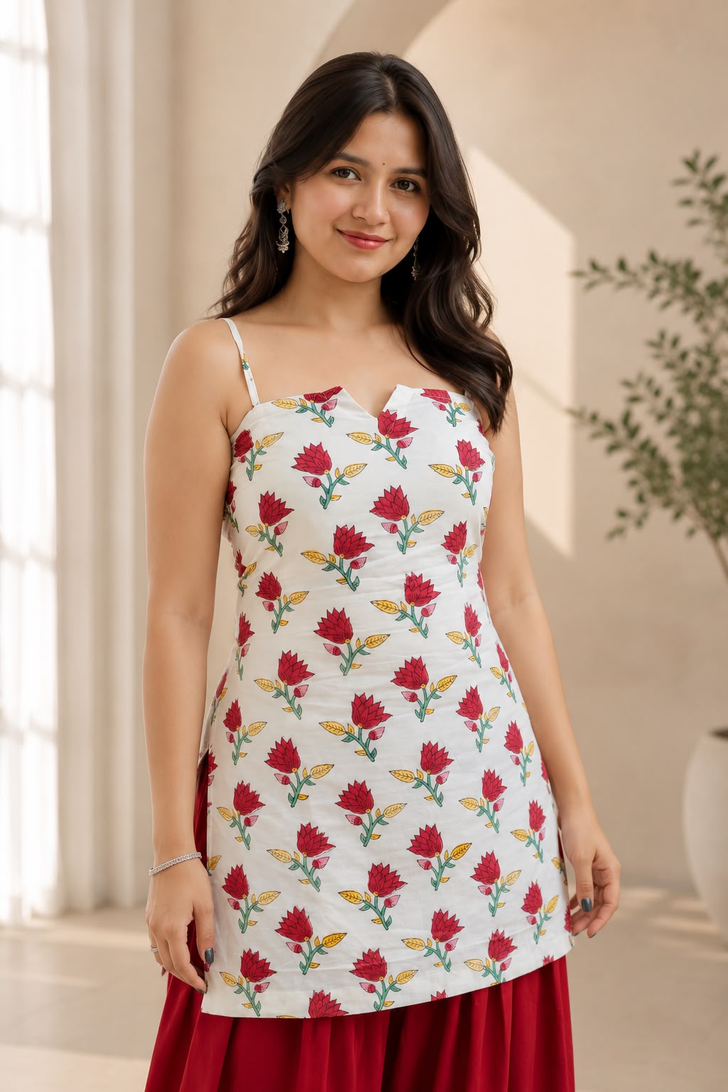 Flora Rahi White & Red Handblock Short Kurti for Women